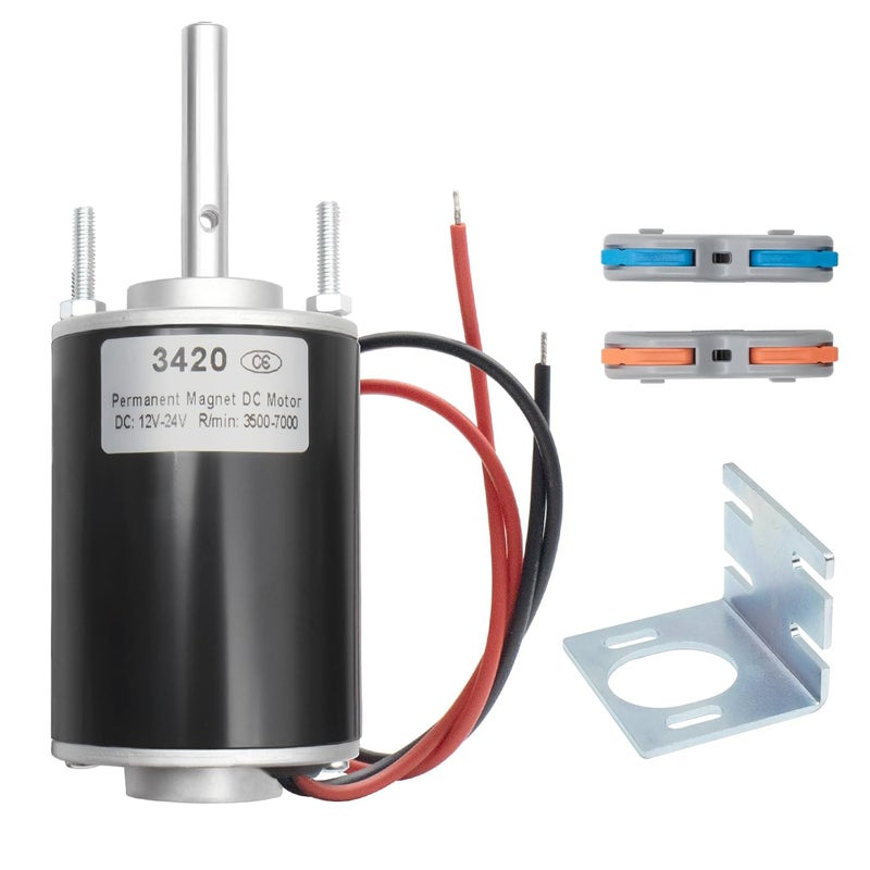 MAKERELE High Torque DC Motor 12V/24V 30W - 3500/7000RPM Permanent Magnet Electric Motor with Cable Connector and Mount (CW/CCW, XD-3420 Type, Conventional Shaft) - Image 1
